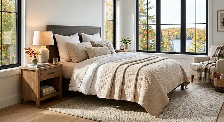 A beautifully styled Canadian bedroom featuring a premium quilted coverlet layered over a thick duvet for seasonal warmth. best coverlets Canada