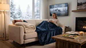 Woven basket holding folded couch blankets for easy access by the sofa.