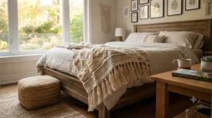 Textured boho decorative blanket layered at the foot of a wooden bed frame in a cozy Montreal bedroom.