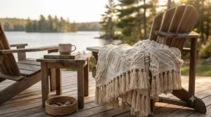 Rustic boho decorative blanket draped over an Adirondack chair on a Muskoka cottage deck.