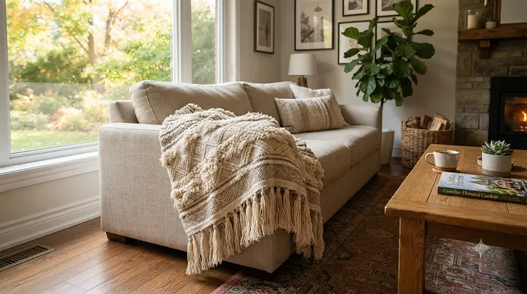 Cozy boho decorative blanket draped over a living room sofa in a modern Canadian home, perfect for chilly evenings.