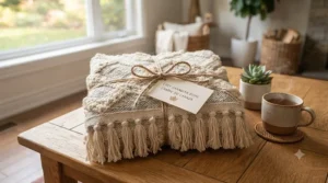 Beautifully folded boho decorative blanket tied with twine, presented as a thoughtful holiday gift in Canada.