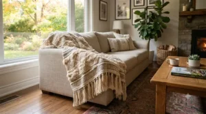 Neutral boho decorative blanket styled on a sectional couch in a bright Toronto apartment living room.