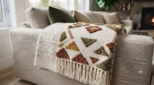 Sketch of a boho-chic woven cotton blanket styled as decorative blankets for living room Canada apartment spaces.