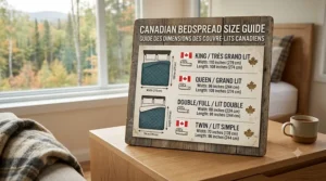 A sizing chart illustration detailing standard Canadian dimensions for King, Queen, and Twin bedspreads and coverlets.