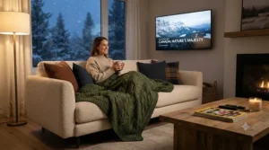 Chunky knit couch blanket for watching TV in a modern Canadian home.