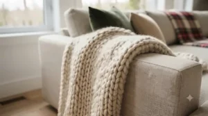 Illustration of a textured hand-knitted throw highlighting decorative blankets for living room Canada winter aesthetics.