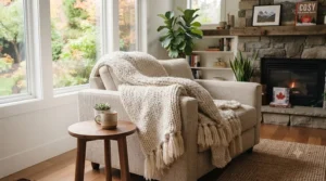 Close-up illustration of a thick wool chunky knit decorative throw blanket idea, adding texture and warmth to a modern apartment seating area.