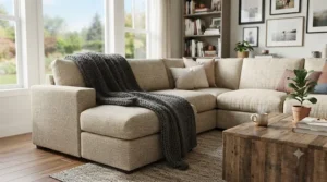 Stylish corner drape using a neutral sofa throw for sectional couch to elevate living room decor.
