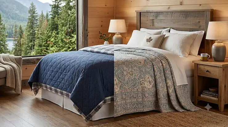 Alt text for featured image: A side-by-side comparison of a modern quilted coverlet and a traditional floor-length bedspread styled in a cozy Canadian bedroom. coverlet vs bedspread Canada