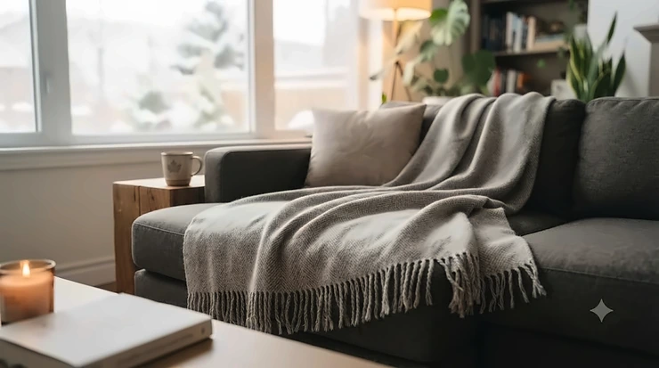 Cozy, warm throw blanket on a sofa, perfect for Canadian movie nights.