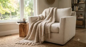 Soft fleece neutral accent blanket draped over an armchair in a bright Canadian apartment reading corner.