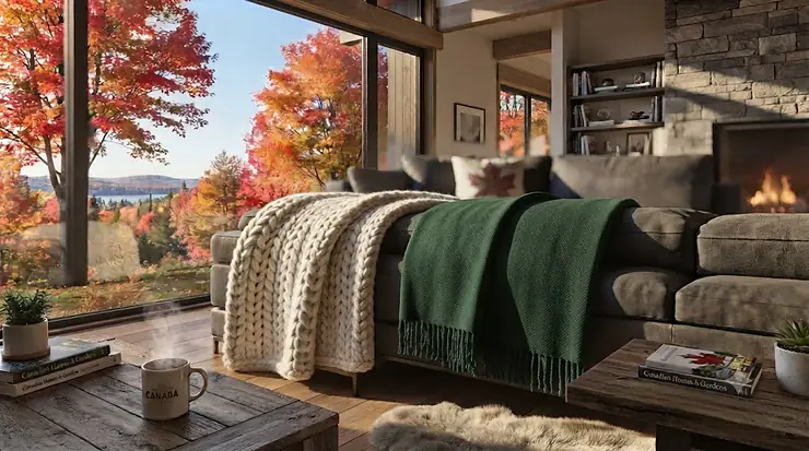 Luxurious sofa throws in a cozy Canadian living room, ideal for all-season comfort.