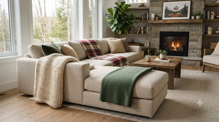 A cozy sectional sofa styled with decorative blankets for living room Canada setups, featuring soft neutral-toned knit throws in a modern living space.