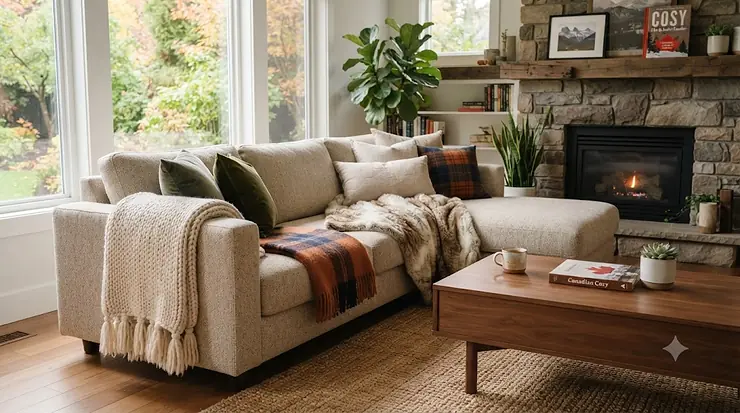 Cozy modern Canadian living room featuring neutral decorative throw blanket ideas draped over a sectional sofa, highlighting warm home decor for cold winters.
