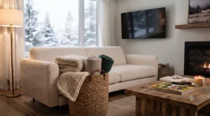 Family relaxing on the couch with blankets watching TV in Canada.