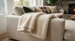 Drawing of a plush faux-shearling throw accent representing luxury decorative blankets for living room Canada homes.