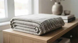 Lightweight, foldable washable couch blanket stored neatly on a shelf.