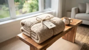 Beautifully stacked neutral accent blanket tied with twine, perfect for housewarming home decor gifts in Canada.