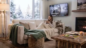 Festive couch blanket for watching TV during the Canadian holiday season.
