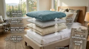 A step-by-step diagram showing how to layer quilts, coverlets, and the best bedspreads in Canada to stay warm during freezing winters.