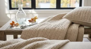 Minimalist illustration of a breezy, breathable cotton coverlet on a bed, perfect for hot humid summers in Ontario and Quebec.