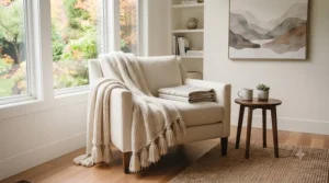 Minimalist Scandinavian-style living room highlighting simple decorative throw blanket ideas in soft beige and cream tones.