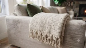 Illustration of a textured basket-weave throw embodying cozy decorative blankets for living room Canada farmhouse themes.
