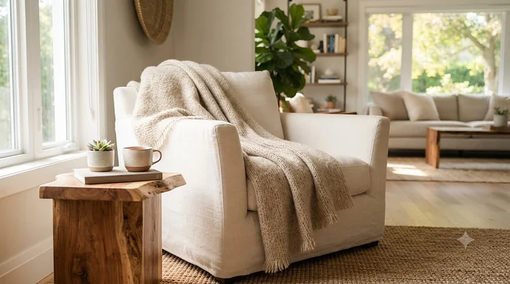 A cozy neutral accent blanket draped over a modern sofa, styled as essential Canadian home decor for a warm living room.