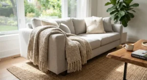 Chunky knit neutral accent blanket neatly folded on a sectional sofa, enhancing contemporary Canadian home decor.