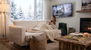 Neutral-toned couch blanket styled on a sofa for a calm living space.
