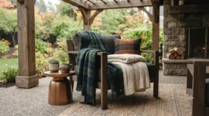 Covered Canadian patio setup demonstrating decorative throw blanket ideas for cool autumn evenings on an outdoor bench.