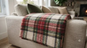 Graphic representation of a classic plaid wool throw ideal as decorative blankets for living room Canada cottage core styles.