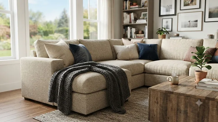 Premium grey sofa throw for sectional couch draped over a modern L-shaped sofa in a cozy Canadian living room.