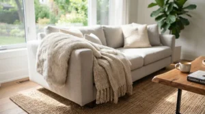 Faux-fur and textured neutral accent blanket adding warmth to minimalist Canadian home decor.