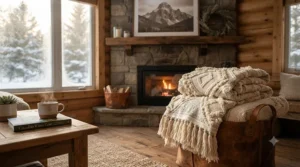 Thick, woven boho decorative blanket folded next to a fireplace, ready for cold Canadian winters.
