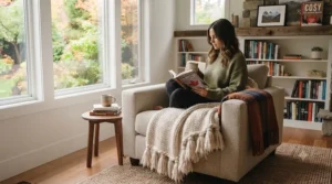 Illustrated cozy reading nook styled with decorative throw blanket ideas, perfect for chilly evenings across Canadian climates.