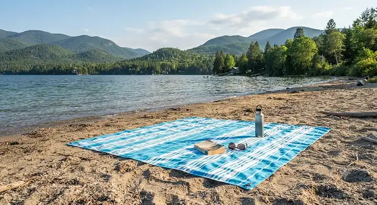 An affordable beach blanket under $40 CAD laid out on a scenic Canadian shoreline during summer.