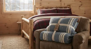 Affordable cottage blanket set for guests CAD displayed neatly folded on a guest room chair.