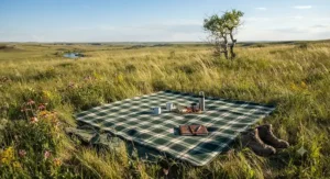 A cozy backcountry picnic setup featuring a premium oversized camping blanket for two people spread out on a grassy meadow in the Prairies.