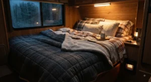 A warm, layered bed setup in an RV featuring a high-quality RV blanket for extra comfort on cold nights.