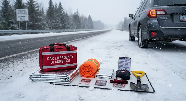 A complete car emergency blanket kit laid out neatly on a snowy Canadian roadside during a winter storm.