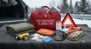 Car emergency blanket kit components displayed including a warm fleece blanket, flashlight, and first aid supplies.