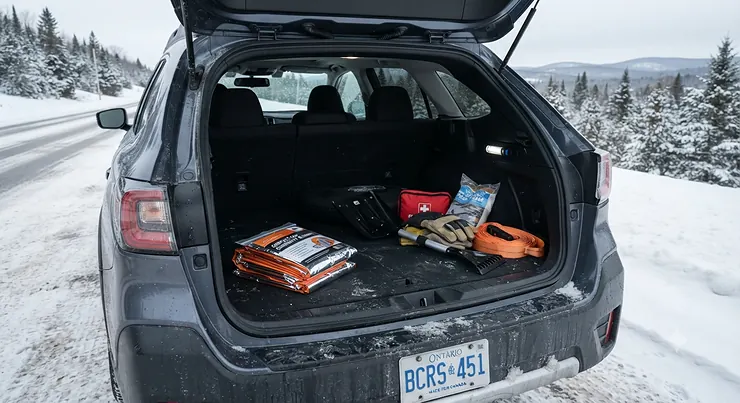 A compact car emergency blanket neatly folded inside a vehicle trunk alongside winter driving gear for Canadian road trips.