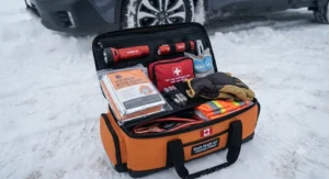 A complete roadside safety kit featuring a compact car emergency blanket, flashlight, and first-aid supplies for Canadian winters.