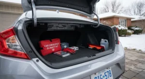 Compact car emergency blanket kit stored neatly inside the trunk of a sedan, ready for Canadian highway travel.