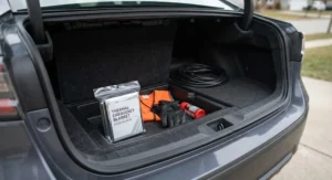 A compact thermal emergency car blanket stored in a vehicle trunk for cold weather preparedness.