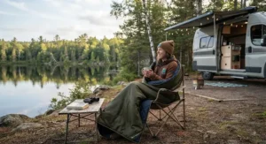 User enjoying a cozy, compact blanket while sitting outside a campervan at a scenic Canadian lakeshore campsite.