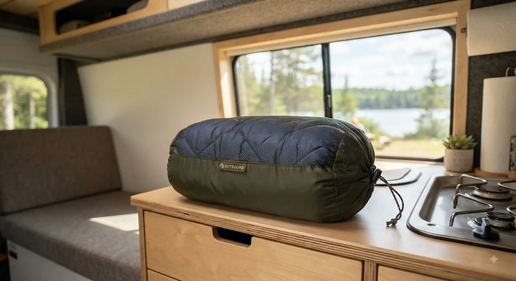 A soft, insulated travel blanket folded neatly into a compact storage bag, perfect for maximizing small campervan spaces. compact RV blanket for storage