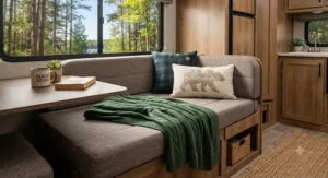 Complete RV throw blanket set featuring matching accent pillows on a cozy camper dinette bench.
